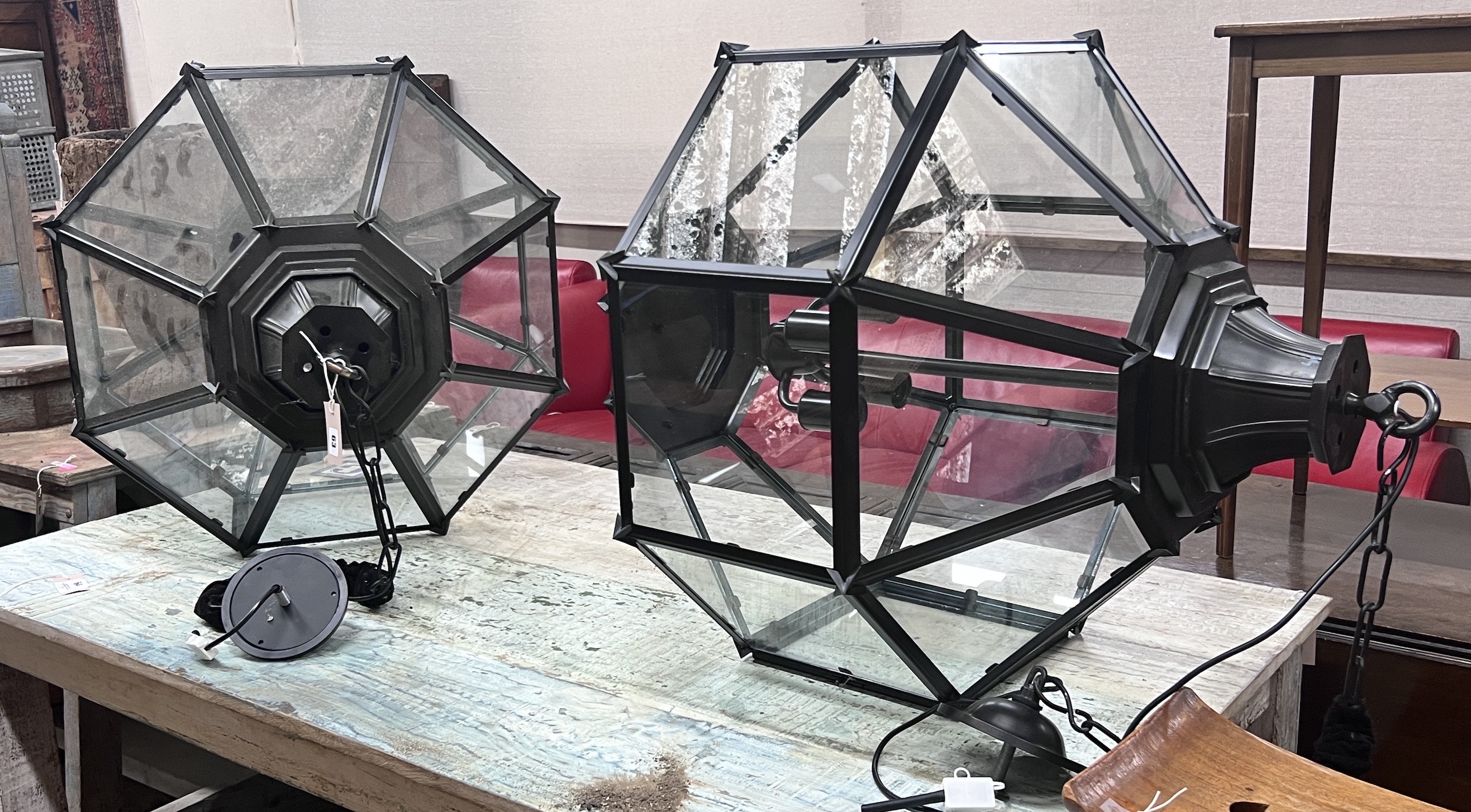 A pair of contemporary octagonal glazed metal hall lanterns, height 96cm
